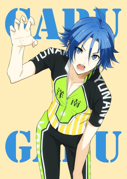Anime picture 855x1200 with yowamushi pedal sangaku manami natsuko (bluecandy) single tall image fringe short hair open mouth blue eyes simple background hair between eyes blue hair looking away ahoge arm up leaning leaning forward text yellow background claw pose