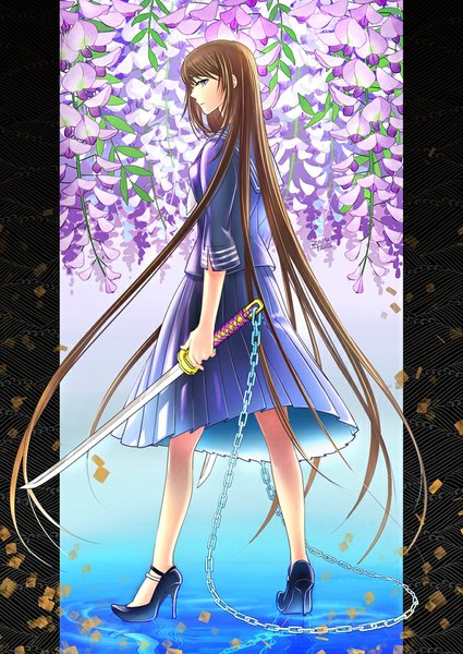 Anime picture 677x956 with original tamahagane gakuen touransai tanu olvlo (artist) single long hair tall image brown hair standing purple eyes holding very long hair profile looking back grey eyes high heels girl uniform flower (flowers) weapon school uniform