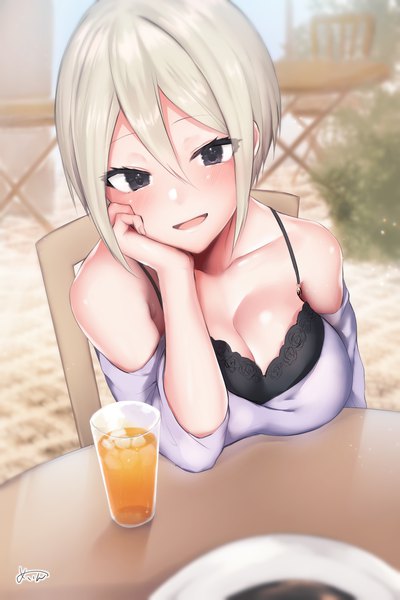 Anime picture 1350x2021 with idolmaster idolmaster cinderella girls idolmaster cinderella girls starlight stage shiomi shuuko sakiryo kanna single tall image looking at viewer blush fringe short hair breasts open mouth light erotic blonde hair hair between eyes large breasts sitting signed payot