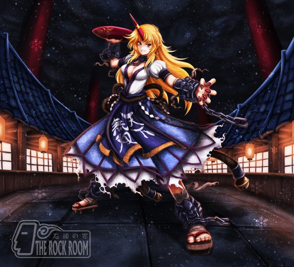 Anime picture 1500x1365 with touhou hoshiguma yuugi skyspace (artist) single long hair blonde hair red eyes cleavage horn (horns) fingernails night night sky torn clothes long fingernails girl plate pillar rope column roof