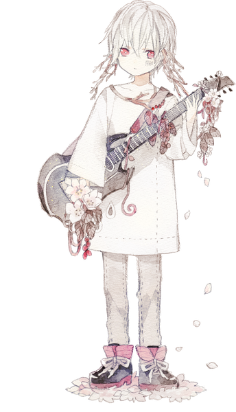 Anime picture 934x1627 with nico nico singer mafumafu gomas single tall image looking at viewer fringe short hair hair between eyes red eyes standing full body white hair transparent background boy flower (flowers) petals musical instrument child (children) guitar