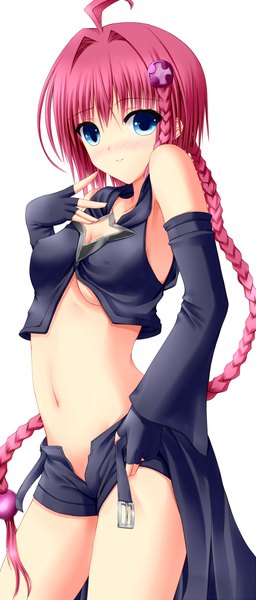 Anime picture 428x1000 with toloveru toloveru darkness xebec kurosaki mea shouyan single tall image looking at viewer short hair blue eyes light erotic simple background white background bare shoulders pink hair ahoge braid (braids) girl gloves navel