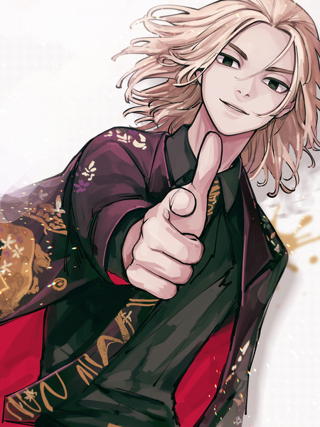 Anime picture 3307x4409 with tokyo revengers sano manjirou pizza oisii6 single tall image looking at viewer highres short hair simple background blonde hair absurdres upper body black eyes finger gun boy shirt necktie black shirt