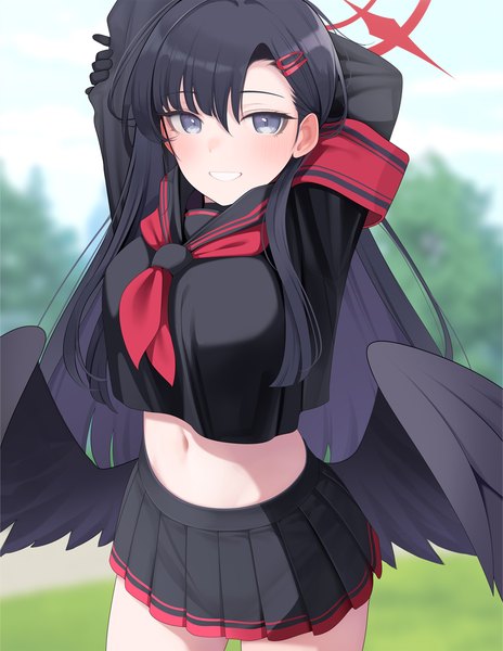 Anime picture 965x1248 with blue archive ichika (blue archive) giba (out-low) single long hair tall image looking at viewer blush fringe black hair smile hair between eyes standing outdoors pleated skirt arms up teeth midriff grey eyes grin