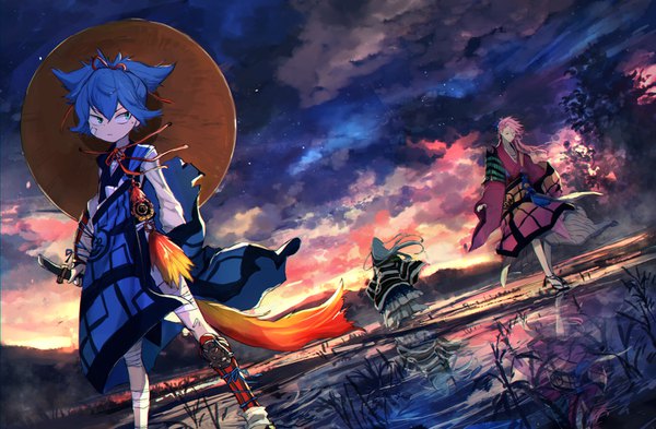 Anime picture 1525x1000 with touken ranbu nitroplus sayo samonji kousetsu samonji souza samonji pippi (pixiv 1922055) long hair looking at viewer fringe short hair blue eyes hair between eyes holding blue hair pink hair sky cloud (clouds) outdoors traditional clothes japanese clothes