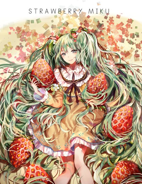 Anime picture 1102x1417 with vocaloid hatsune miku strawberry miku (tantan) nadinehuifu single tall image looking at viewer blush fringe smile twintails lying very long hair aqua eyes aqua hair character names girl dress food berry (berries)