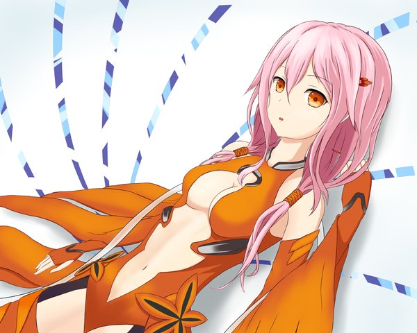 Anime picture 2000x1600 with guilty crown production i.g yuzuriha inori monoku (artist) long hair highres light erotic red eyes pink hair midriff center opening girl navel hair ornament detached sleeves hairclip bodysuit