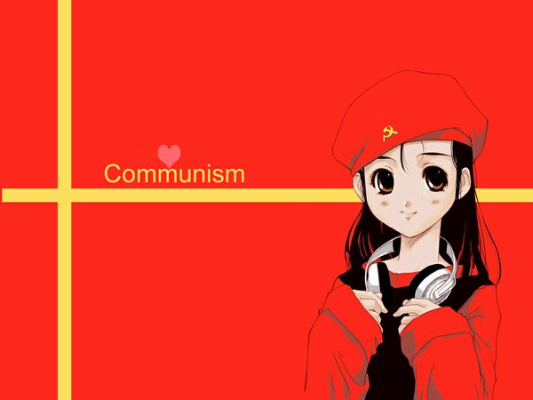Anime picture 1024x768 with original tagme (artist) single long hair looking at viewer black hair brown eyes upper body sleeves past wrists red background third-party edit headphones around neck polychromatic hammer and sickle soviet girl heart headphones cap communist