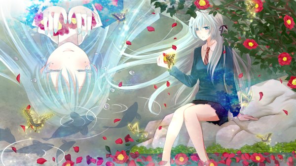 Anime picture 2500x1406 with vocaloid hatsune miku itsuki0v0 (artist) single long hair highres wide image sitting aqua eyes aqua hair girl skirt flower (flowers) miniskirt petals necktie insect butterfly sweater fish (fishes)