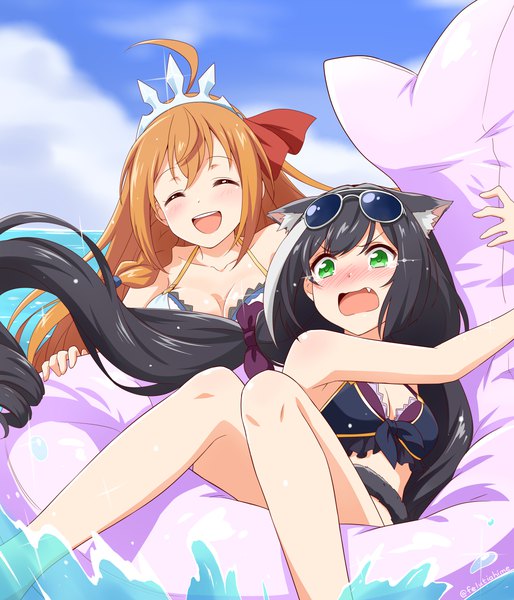 Anime picture 2400x2800 with princess connect! re:dive princess connect! karyl (princess connect!) pecorine (princess connect!) felutiahime long hair tall image blush fringe highres breasts open mouth light erotic black hair smile hair between eyes large breasts twintails bare shoulders multiple girls