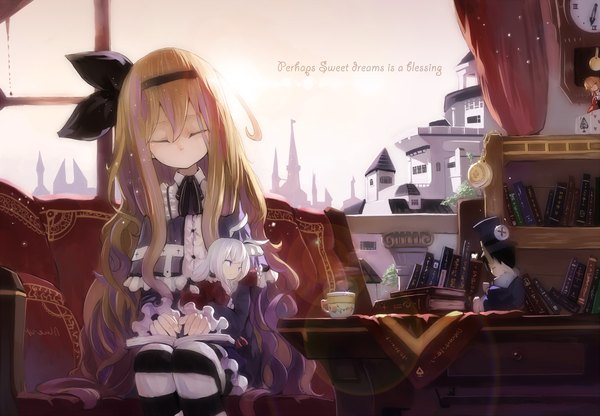 Anime picture 2000x1389 with original undeedking long hair fringe highres short hair black hair blonde hair sitting purple eyes animal ears looking away white hair eyes closed sunlight bunny ears outstretched arm sleeping steam girl