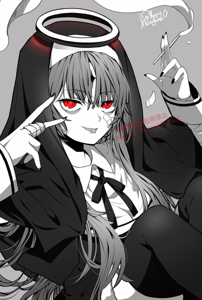 Anime picture 1378x2039 with vocaloid kamippoina (vocaloid) hatsune miku hiragana sherry single long hair tall image red eyes sitting signed nail polish grey background watermark monochrome smoke forehead mark nun bandaid on face spot color girl