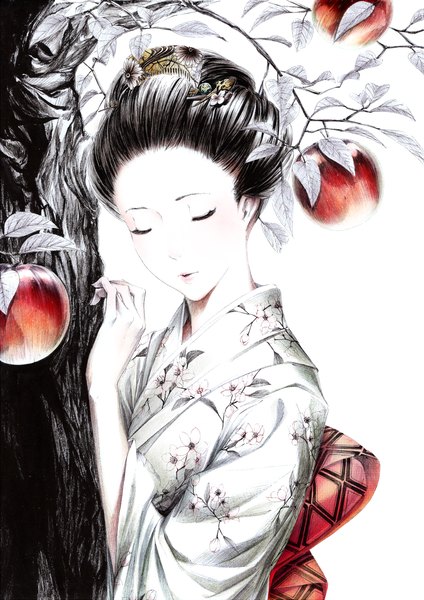 Anime picture 1000x1415 with original sousou (sousouworks) single tall image blush open mouth black hair simple background white background eyes closed traditional clothes japanese clothes floral print monochrome girl hair ornament plant (plants) tree (trees) kimono hairclip
