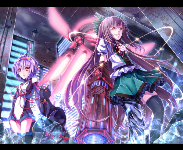 Anime picture 2000x1640 with touhou komeiji satori reiuji utsuho kaenbyou rin dabadhi long hair highres short hair black hair red eyes multiple girls purple hair magic letterboxed arm cannon girl thighhighs weapon black thighhighs 2 girls