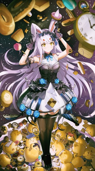 Anime picture 3550x6403 with azur lane manjuu (azur lane) shimakaze (azur lane) shimakaze (the white rabbit of wonderland) (azur lane) shimakaze single long hair tall image fringe highres standing signed animal ears yellow eyes absurdres full body white hair from above arms up high heels