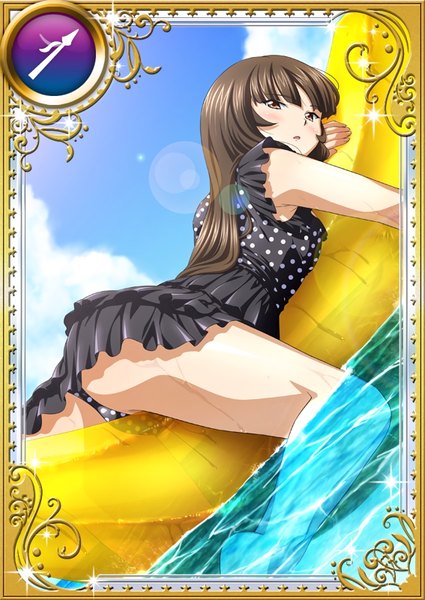 Anime picture 567x800 with ikkitousen teni single long hair tall image open mouth light erotic brown hair brown eyes card (medium) girl swimsuit water one-piece swimsuit black swimsuit inflatable toy banana boat polka dot swimsuit