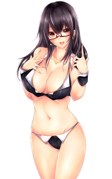 Anime picture 984x1563 with original frofrofrost single long hair tall image looking at viewer blush fringe breasts open mouth light erotic black hair simple background smile hair between eyes red eyes large breasts standing white background nail polish