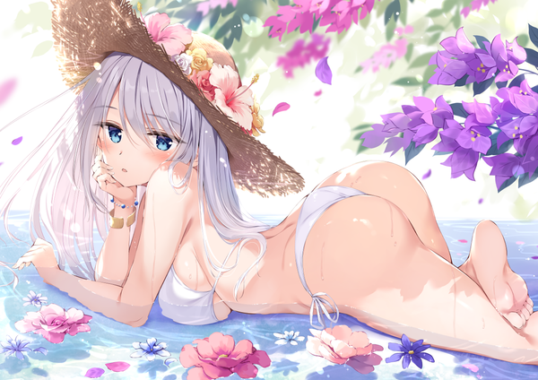 Anime picture 1236x874 with original dengeki moeou oryou single long hair looking at viewer blush fringe breasts open mouth blue eyes light erotic hair between eyes large breasts silver hair ass lying nail polish barefoot wind