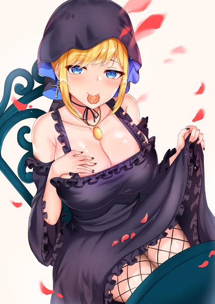 Anime picture 2894x4093 with shinigami bocchan to kuro maid alice (shinigami bocchan to kuro maid) deogho (liujinzy9854) single tall image highres short hair breasts blue eyes light erotic blonde hair large breasts sitting holding cleavage nail polish from above huge breasts mouth hold hand on chest