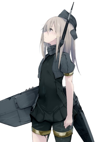 Anime picture 700x1050 with kantai collection u-511 submarine akiha (attract) single long hair tall image fringe breasts simple background standing white background profile grey hair open clothes open jacket short sleeves grey eyes torn clothes covered navel flat chest