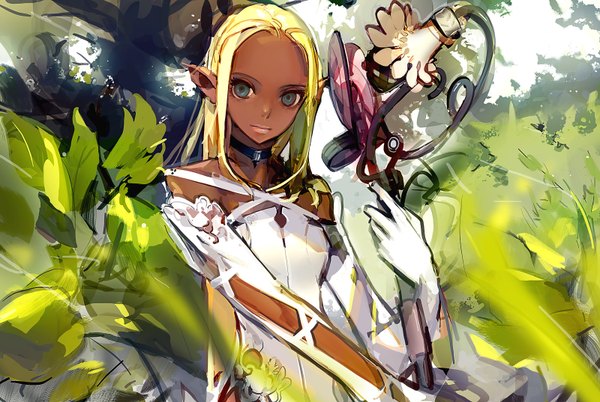 Anime picture 1600x1074 with original panamaman single long hair blonde hair pointy ears grey eyes dark skin girl dress flower (flowers) plant (plants) collar