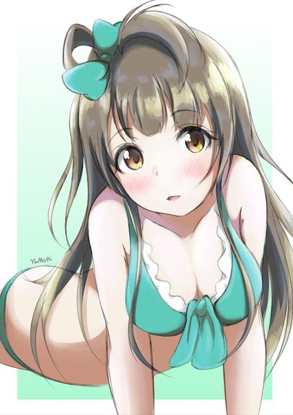 Anime picture 724x1024 with love live! school idol project sunrise (studio) love live! minami kotori yumori single long hair tall image looking at viewer blush fringe breasts open mouth light erotic simple background brown hair signed yellow eyes cleavage blunt bangs