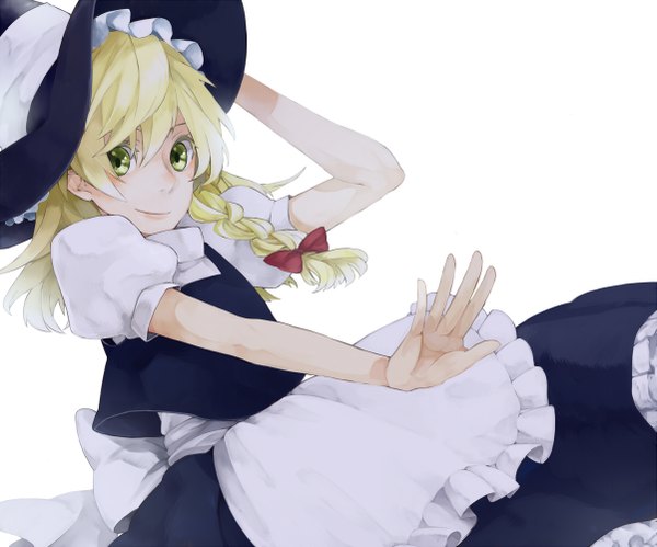 Anime picture 1201x1000 with touhou kirisame marisa nainin single long hair simple background blonde hair smile white background green eyes braid (braids) witch girl skirt apron witch hat skirt set
