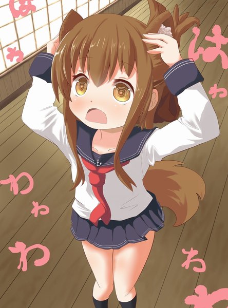 Anime picture 850x1148 with kantai collection inazuma destroyer maromi gou single long hair tall image blush breasts open mouth brown hair animal ears yellow eyes tail animal tail pleated skirt inscription fang (fangs) embarrassed symbol-shaped pupils flat chest