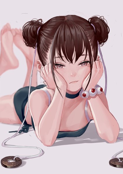 Anime picture 1000x1415 with original fkey single tall image looking at viewer fringe short hair light erotic simple background brown hair brown eyes payot lying barefoot grey background mole hair bun (hair buns) depth of field mole under eye on stomach