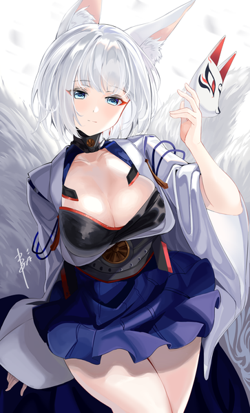 Anime picture 980x1617 with azur lane kaga (azur lane) be garam single tall image looking at viewer blush fringe short hair breasts blue eyes light erotic simple background large breasts standing white background holding signed animal ears payot