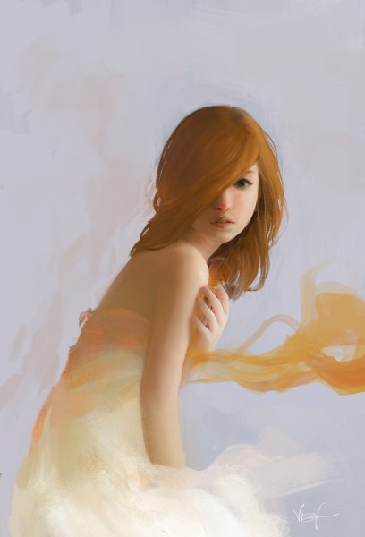 Anime picture 826x1214 with original viet-famwang single long hair tall image fringe simple background bare shoulders brown eyes signed wind hair over one eye orange hair hand on shoulder girl dress