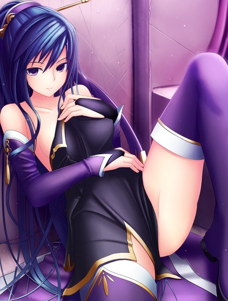 Anime picture 2397x3168 with tartaros online irisia rhy1356 single long hair tall image looking at viewer highres purple eyes blue hair legs girl thighhighs detached sleeves