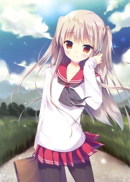 Anime picture 2494x3500 with original amanagi seiji single long hair tall image looking at viewer blush highres red eyes sky silver hair cloud (clouds) outdoors pleated skirt light smile wind scan two side up adjusting hair girl