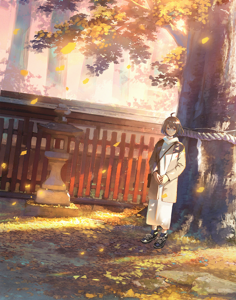 Anime picture 1200x1524 with original sho (shoichi-kokubun) single tall image looking at viewer blush fringe blue eyes smile brown hair standing full body ahoge outdoors long sleeves open clothes hands clasped autumn against fence against tree