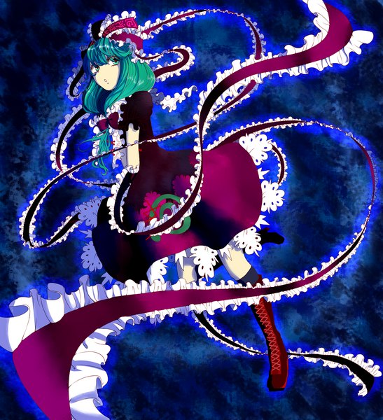 Anime picture 1500x1644 with touhou kagiyama hina maki (huran) single long hair tall image green eyes green hair girl dress bow ribbon (ribbons) hair bow boots