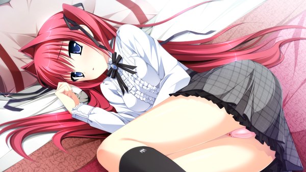 Anime picture 2560x1440 with otome ga tsumugu koi no canvas ootori rena kimishima ao single long hair blush highres open mouth blue eyes light erotic wide image twintails game cg red hair lying pantyshot on side girl skirt underwear