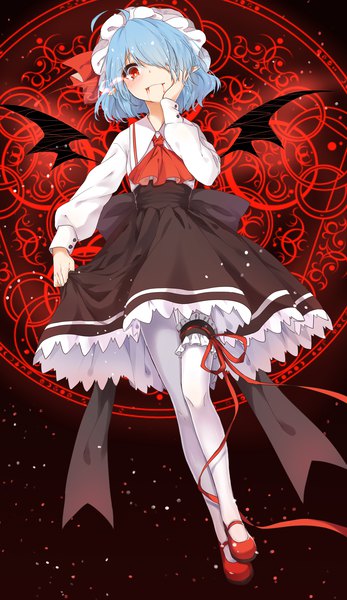 Anime picture 2141x3700 with touhou remilia scarlet transistor (poppy) single tall image looking at viewer blush fringe highres short hair smile red eyes blue hair full body ahoge long sleeves pointy ears hair over one eye from below fang (fangs)