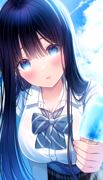 Anime picture 3057x5300 with original kuro namako single long hair tall image looking at viewer blush fringe highres breasts open mouth blue eyes black hair standing holding absurdres sky cloud (clouds) outdoors blunt bangs