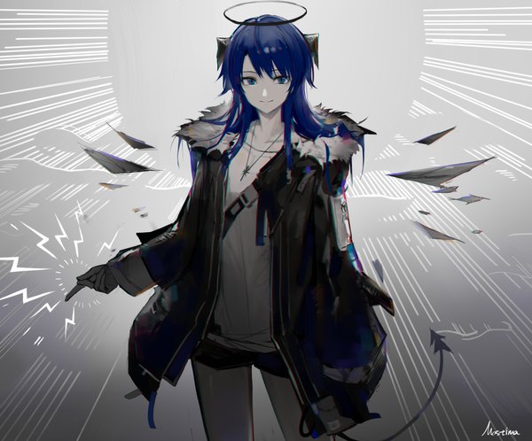 Anime picture 1189x986 with arknights mostima (arknights) huanxiang heitu single long hair looking at viewer fringe blue eyes smile hair between eyes standing blue hair tail horn (horns) open jacket character names girl gloves jacket pendant