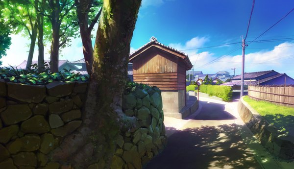 Anime picture 1474x850 with original bozu (ogiyama) wide image sky cloud (clouds) shadow no people landscape plant (plants) tree (trees) building (buildings) grass house
