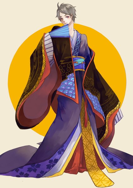 Anime picture 2480x3507 with haikyuu!! production i.g sugawara koushi kibi single tall image looking at viewer fringe highres standing long sleeves traditional clothes japanese clothes light smile grey hair wide sleeves alternate costume spiked hair boy kimono