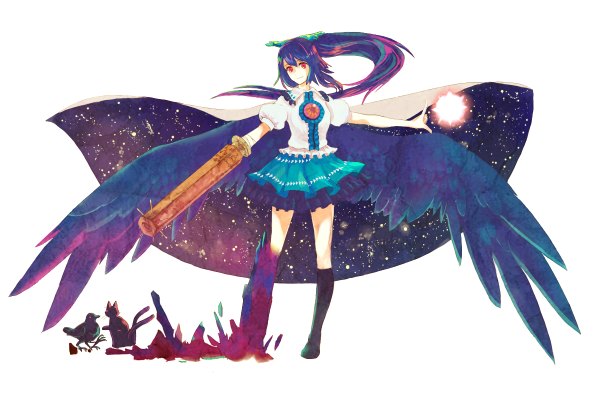 Anime picture 1200x810 with touhou reiuji utsuho kaenbyou rin (cat) reiuji utsuho (bird) namerou to kuparetto long hair simple background smile red eyes white background purple hair ponytail night sky multiple tails starry sky print arm cannon girl hair ornament bow weapon