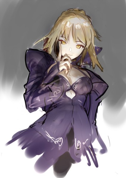 Anime picture 576x813 with fate (series) fate/stay night type-moon artoria pendragon (all) saber alter attall single tall image looking at viewer fringe short hair simple background blonde hair smile yellow eyes cleavage grey background from below finger to mouth girl