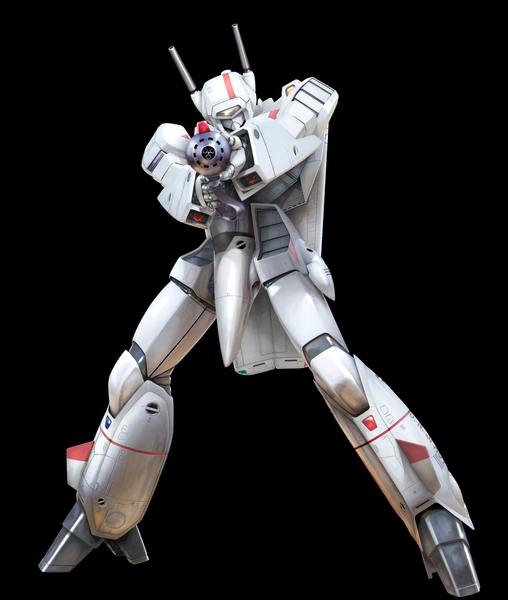 Anime picture 1900x2245 with macross macross: do you remember love? choujikuu yousai macross vf-1 erufa (pixiv) tall image highres simple background standing holding full body black background no people science fiction beam rifle weapon gun mecha