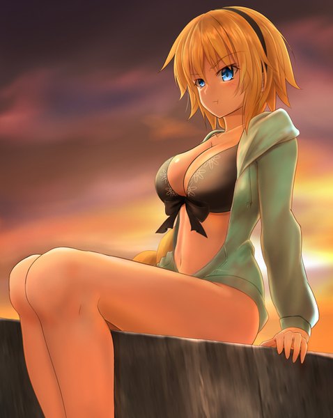 Anime picture 1000x1256 with fate (series) fate/grand order jeanne d'arc (fate) (all) jeanne d'arc (swimsuit archer) hikonyan single long hair tall image blush fringe breasts blue eyes light erotic blonde hair hair between eyes large breasts sitting payot looking away sky