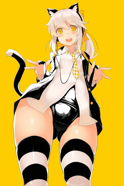 Anime-Bild 800x1200 mit original kekemotsu single long hair tall image looking at viewer blush fringe open mouth light erotic simple background smile hair between eyes standing animal ears yellow eyes payot white hair ponytail tail