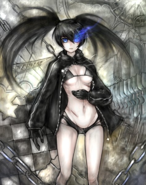 Anime picture 1575x2000 with black rock shooter black rock shooter (character) girlsay tall image light erotic black hair twintails glowing scar glowing eye (eyes) checkered girl gloves navel chain cloak bikini top