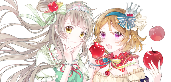 イラスト 909x437 と ラブライブ! サンライズ love live! 南ことり 小泉花陽 nennen 長髪 カメラ目線 前髪 短い髪 開いた口 simple background 茶色の髪 wide image 白背景 紫目 multiple girls 黄色眼 blunt bangs grey hair