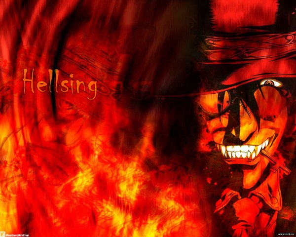 Anime picture 1280x1024 with hellsing alucard (hellsing) single long hair black hair teeth fang (fangs) grin red background boy hat glasses necktie cross