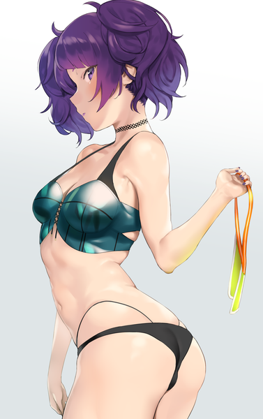 Anime picture 1417x2255 with idolmaster idolmaster shiny colors tanaka mamimi nekoshoko single tall image looking at viewer blush fringe short hair breasts light erotic simple background standing purple eyes twintails holding cleavage purple hair ass